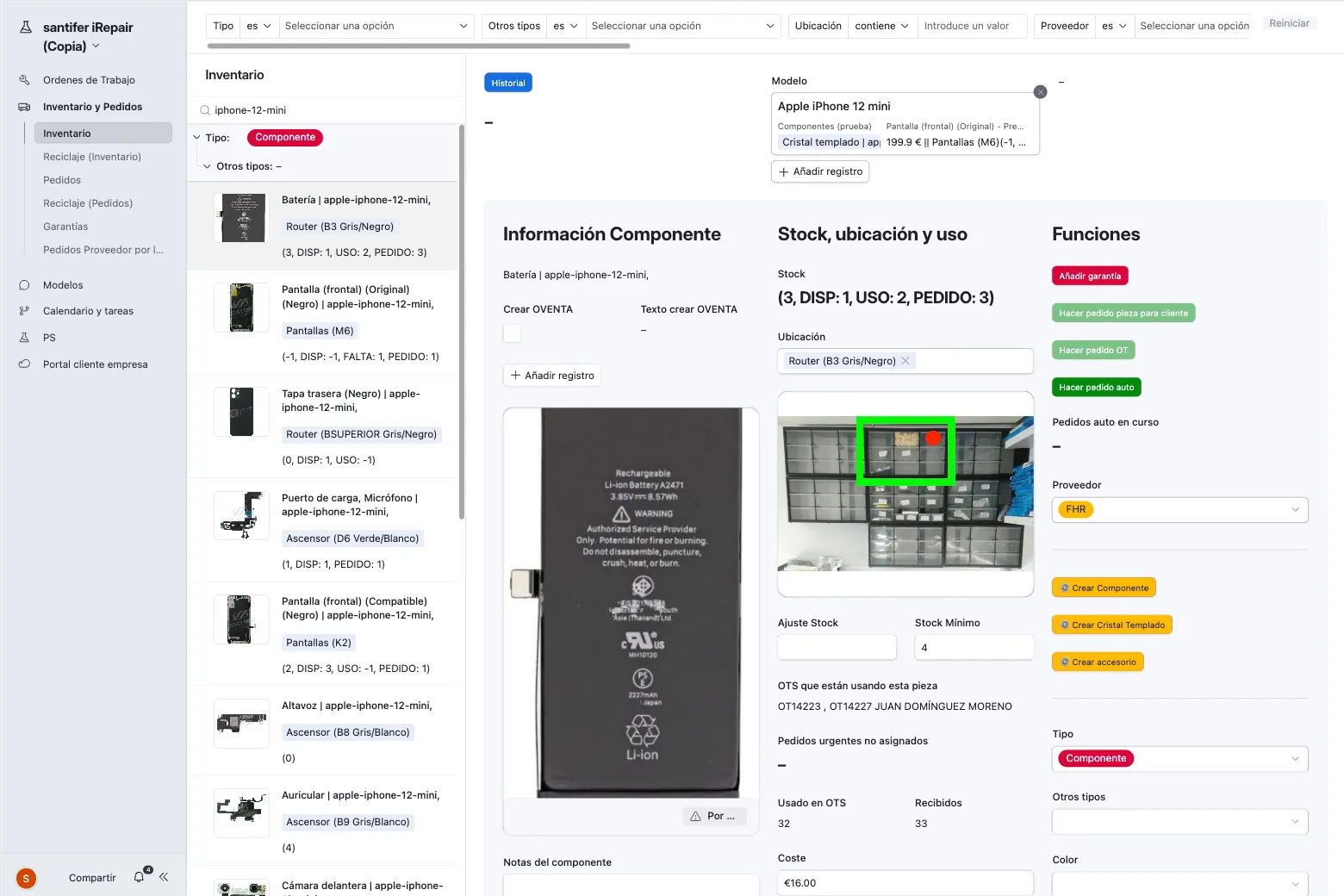 Interfaz Airtable de inventario — pieza con foto real, stock, ubicación física
