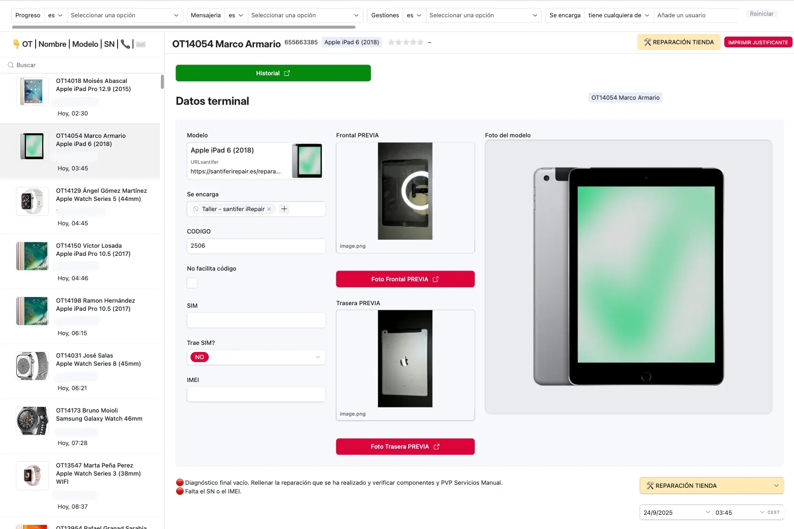 Interfaz Airtable — orden de trabajo con datos del terminal