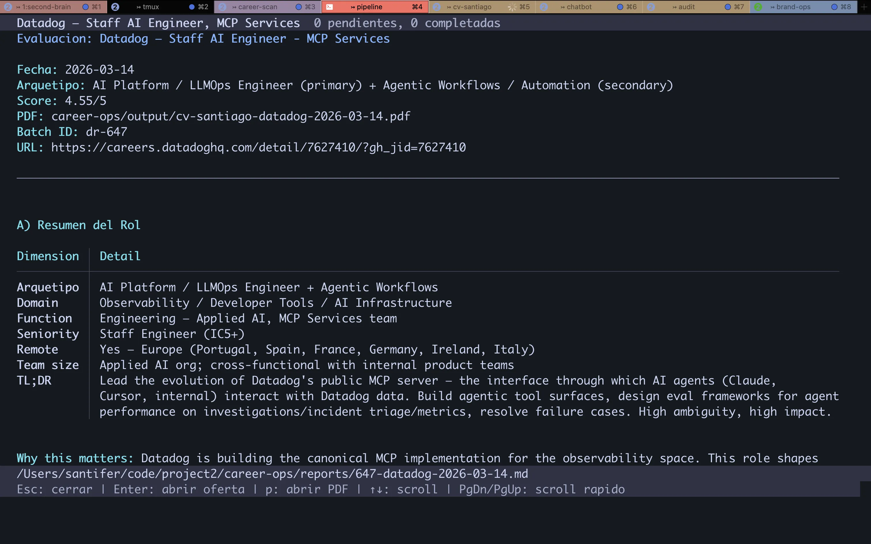 Evaluación real: Datadog Staff AI Engineer, MCP Services — Score 4.55/5, arquetipo AI Platform + Agentic Workflows, resumen del rol con 7 dimensiones
