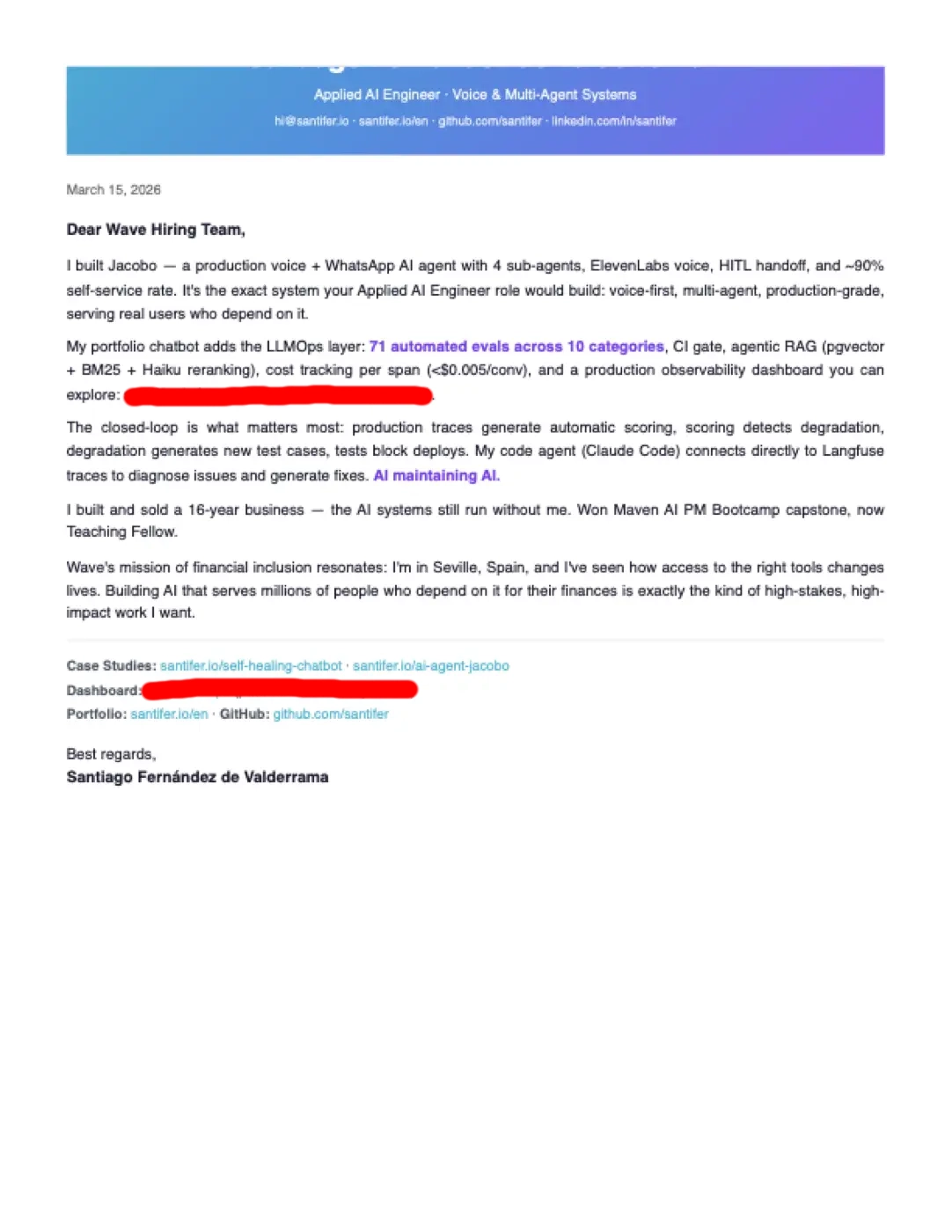 Cover letter para Wave: header gradient, Jacobo como proof point de voz + WhatsApp, links a case studies y dashboard