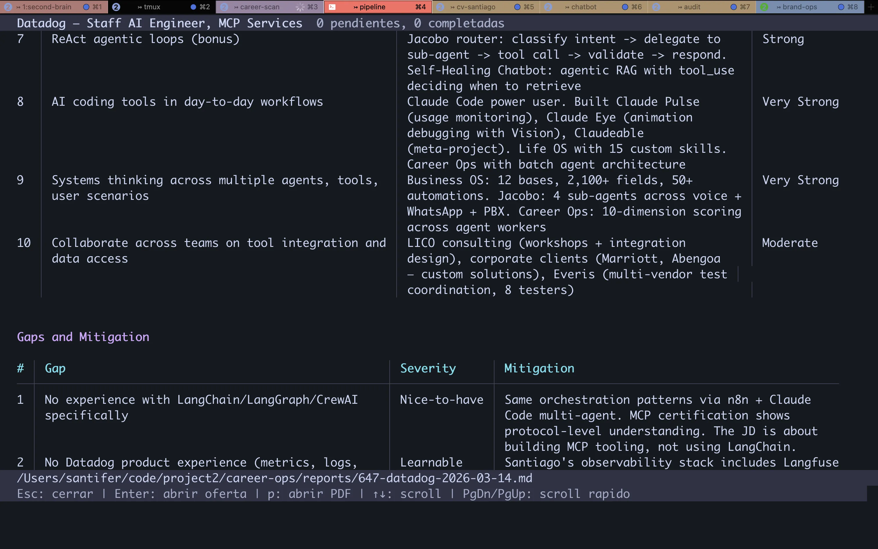 CV Match (cont.) + Gaps and Mitigation: requisitos 7-10 y análisis de gaps con severidad y plan de mitigación