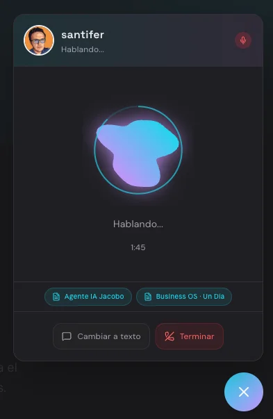 Modo voz: VoiceOrb animado, timer 1:45, source badges enlazando a Agente IA Jacobo y Business OS