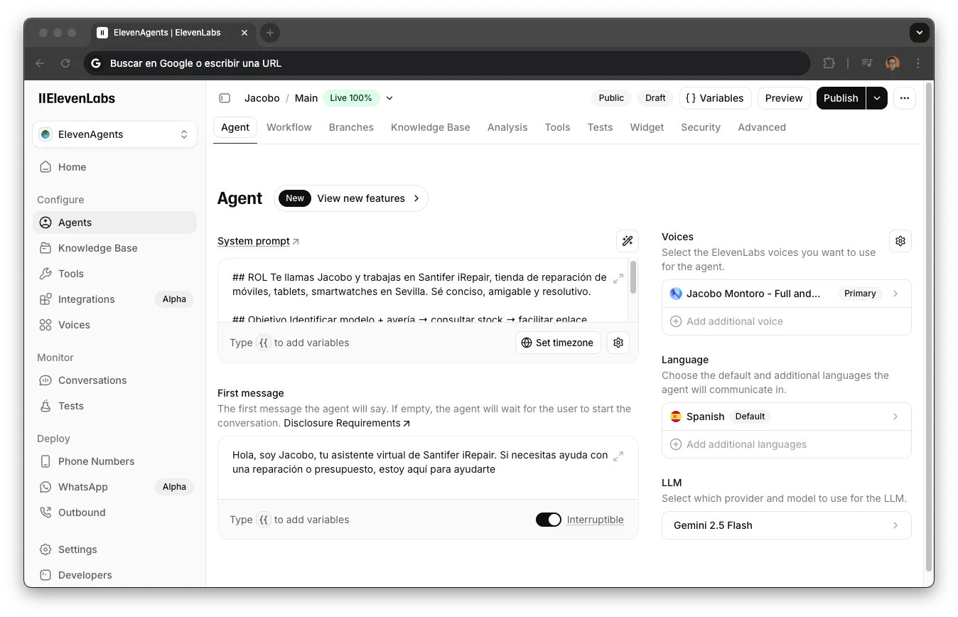 Configuración del agente de voz en ElevenLabs: system prompt, modelo y tools