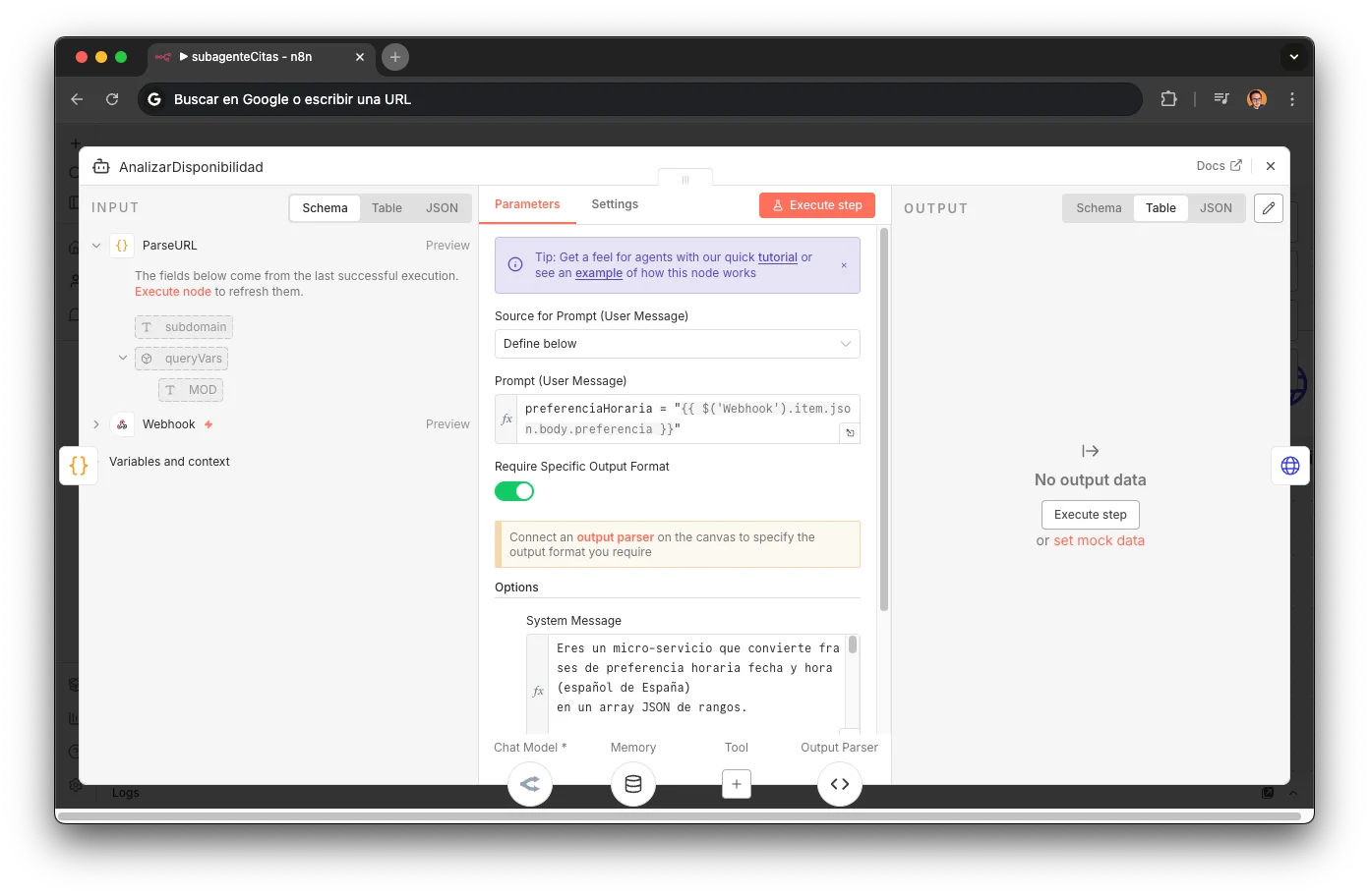 Nodo AnalizarDisponibilidad en n8n: agente LLM con reglas temporales