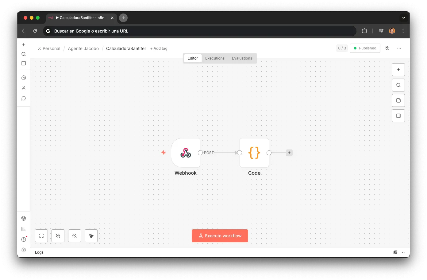 Workflow de la Calculadora de Descuentos en n8n: Webhook → Code (lógica de descuentos) → Response