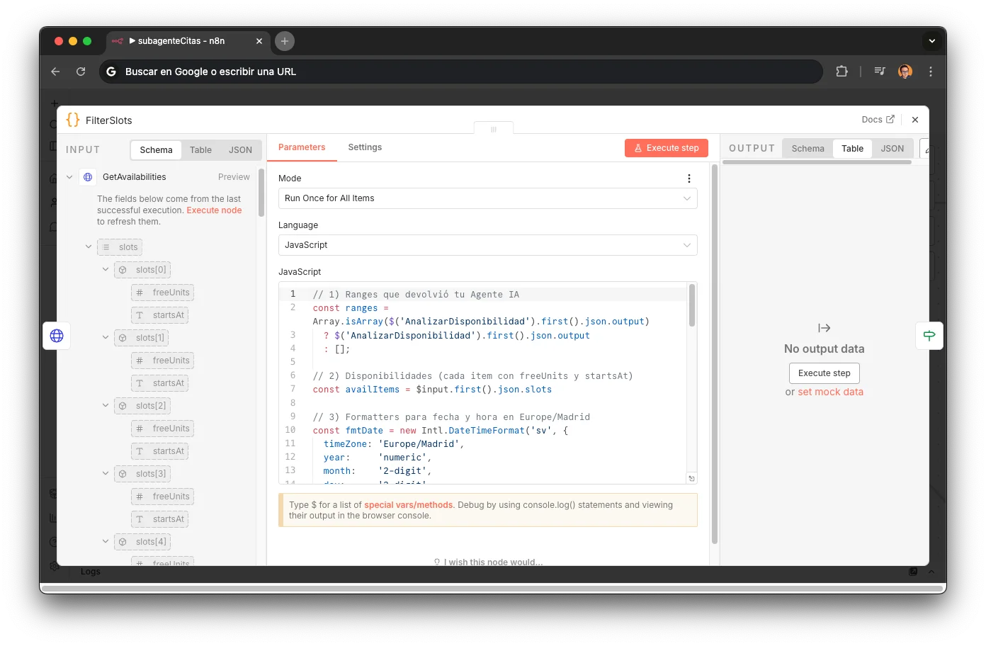 Nodo FilterSlots en n8n: intersección de rangos LLM y slots YCBM