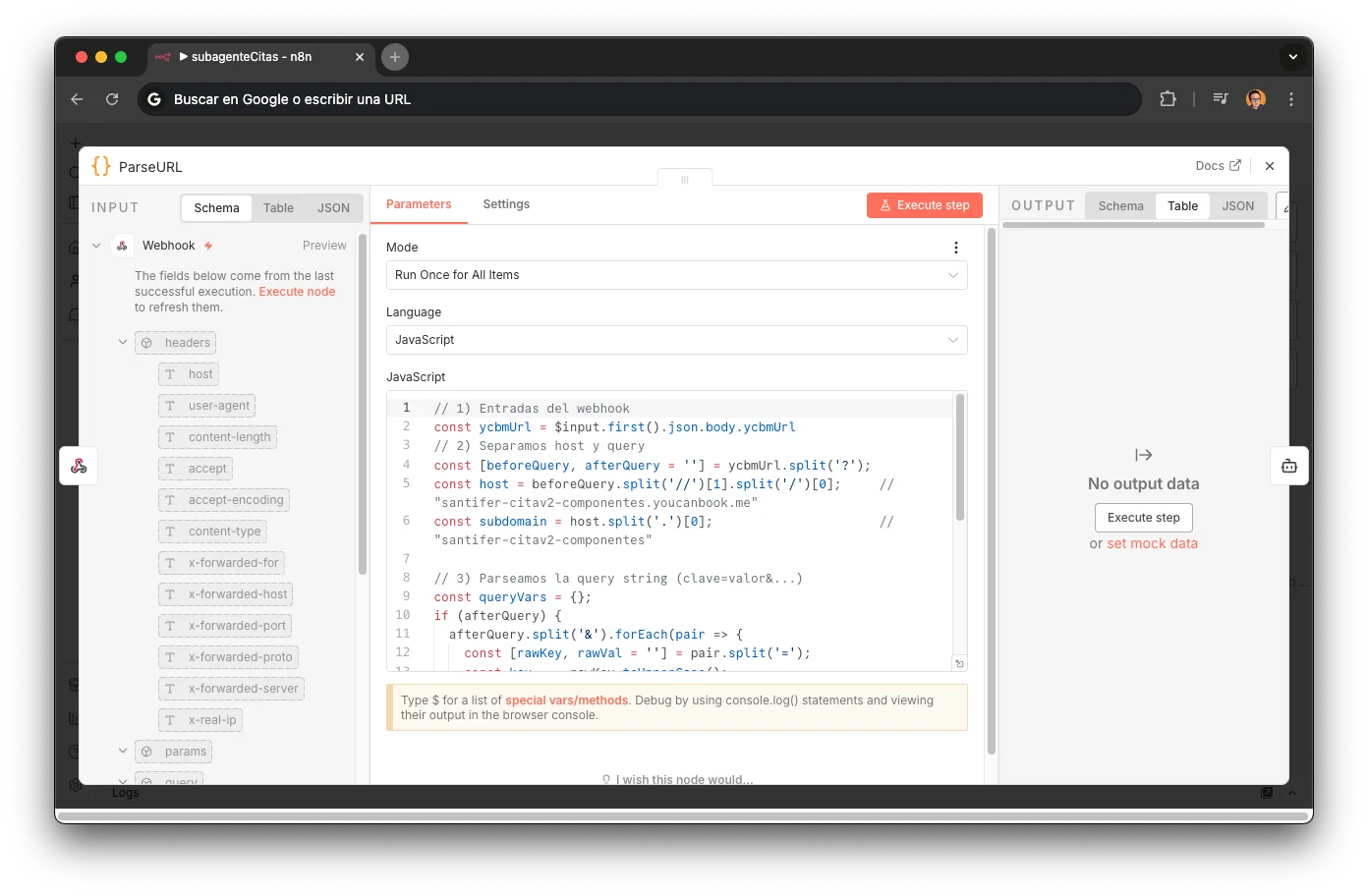 Nodo ParseURL en n8n: extrae subdomain y query params