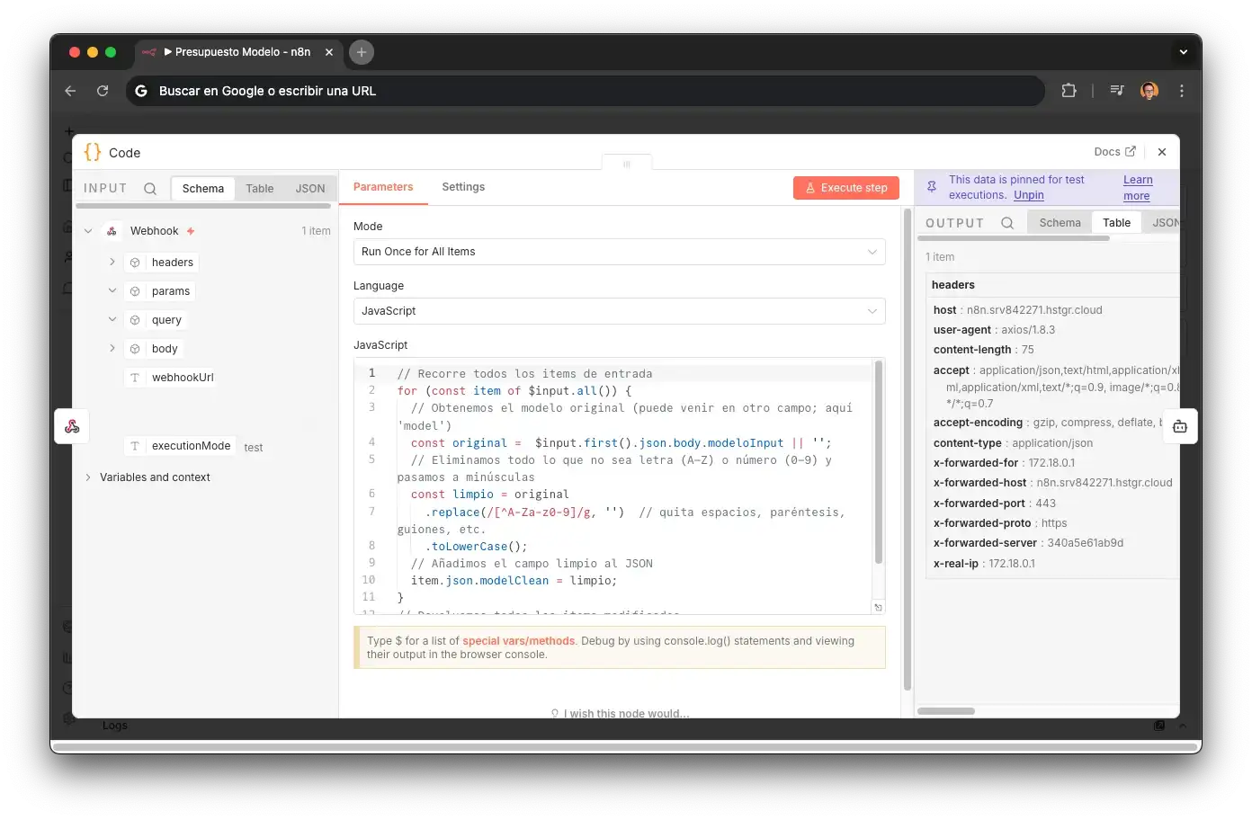 Nodo CleanModel en n8n: normalización de input