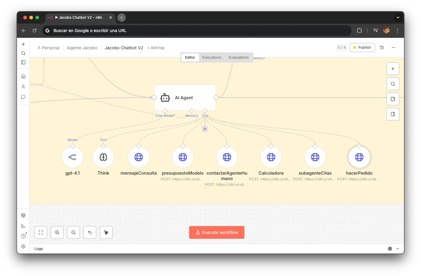 Tool calling en n8n: 7 herramientas definidas como HTTP endpoints