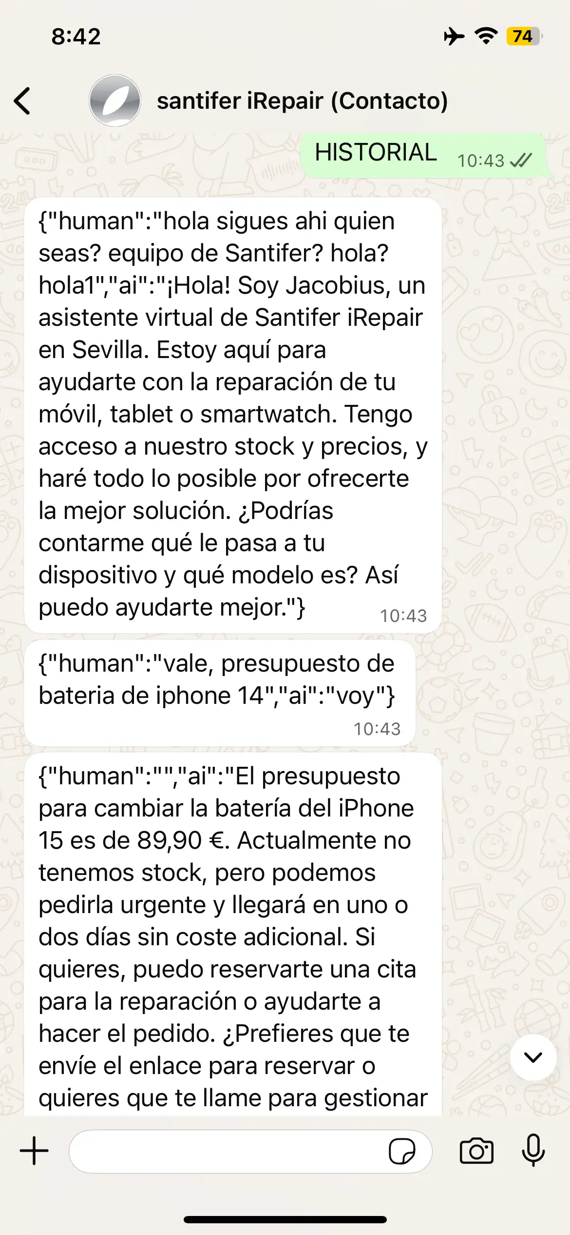 Comando HISTORIAL: JSON crudo del buffer de memoria expuesto en el chat