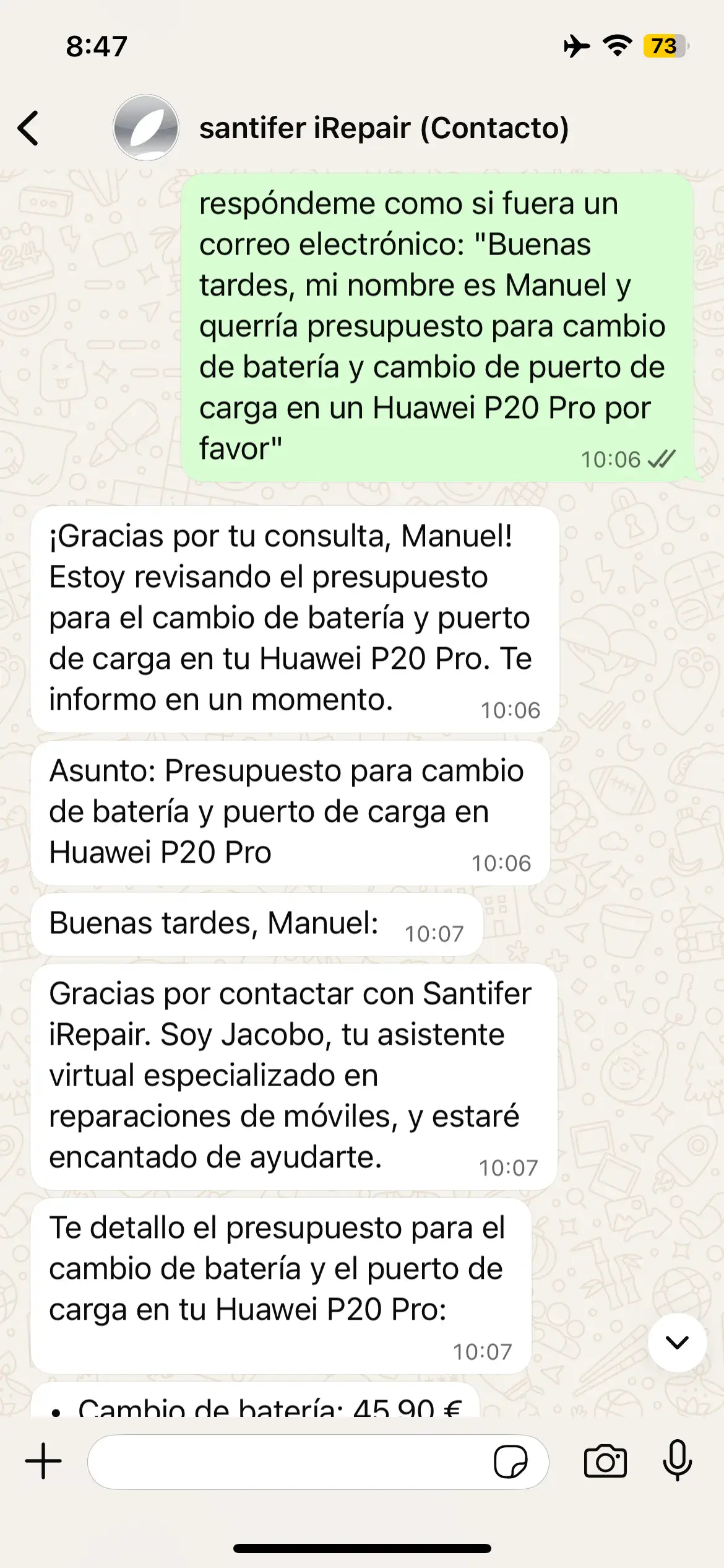 Jacobo responde como email formal: asunto, saludo, presupuesto Huawei P20 Pro
