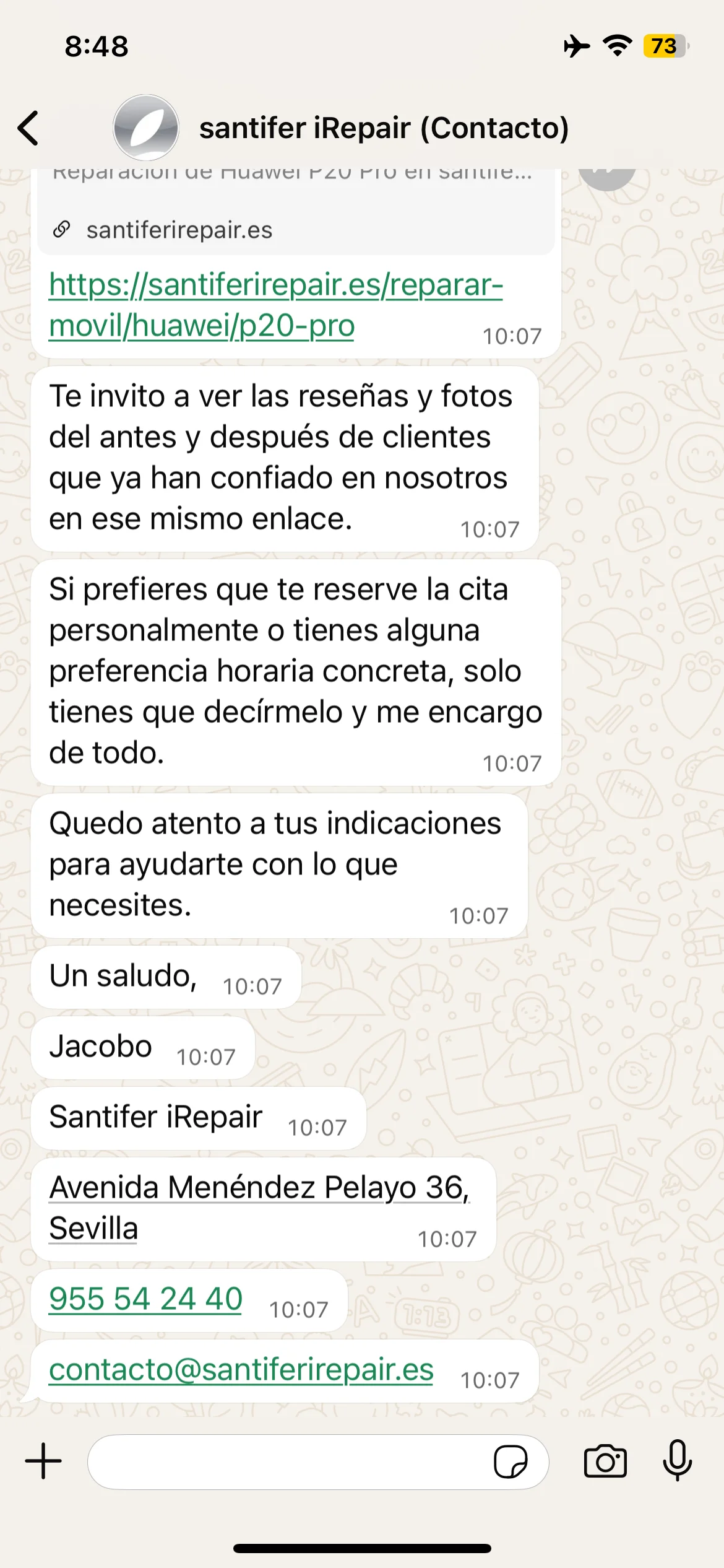 Firma: "Un saludo, Jacobo — Santifer iRepair — dirección + teléfono + email"