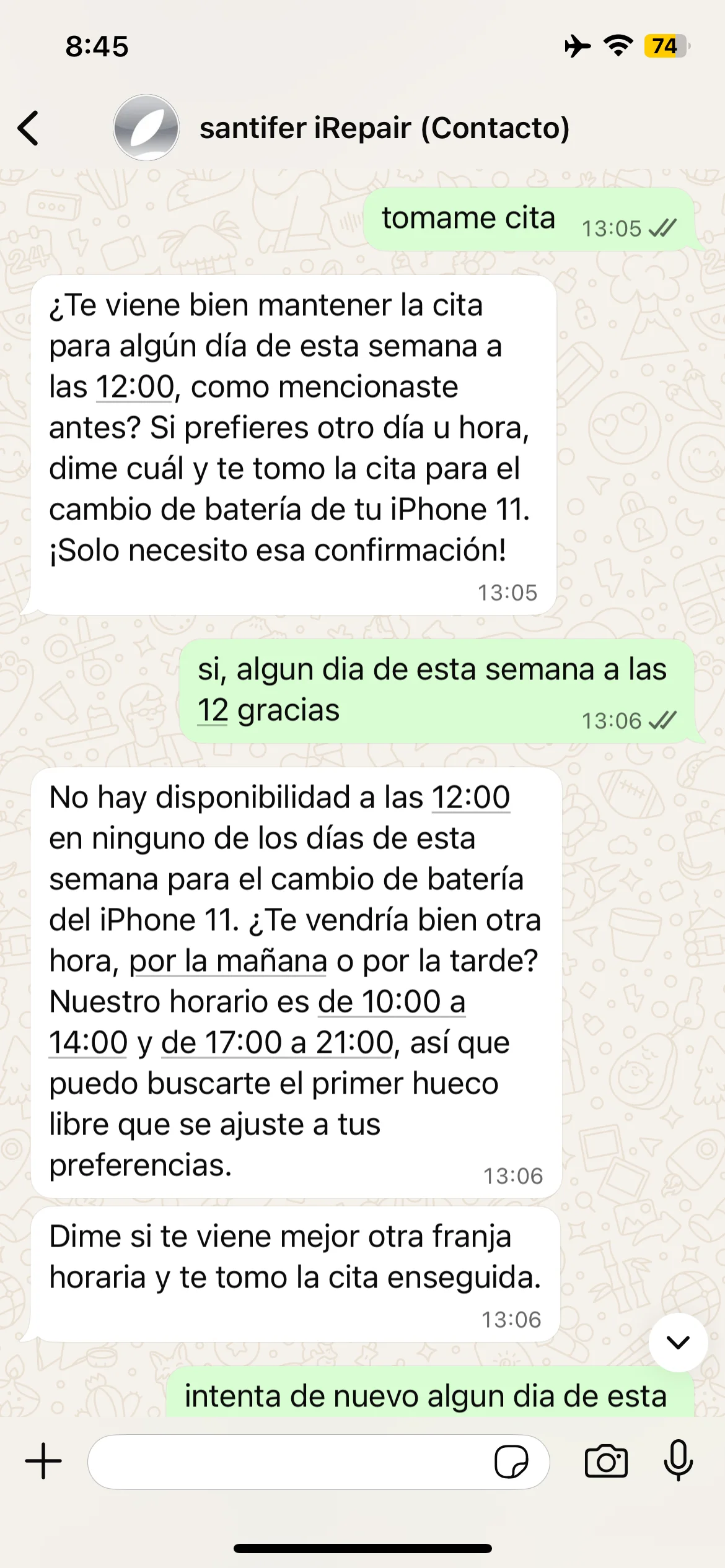 Re-negociación: Jacobo recuerda preferencia horaria → no hay hueco a las 12 → sugiere alternativas