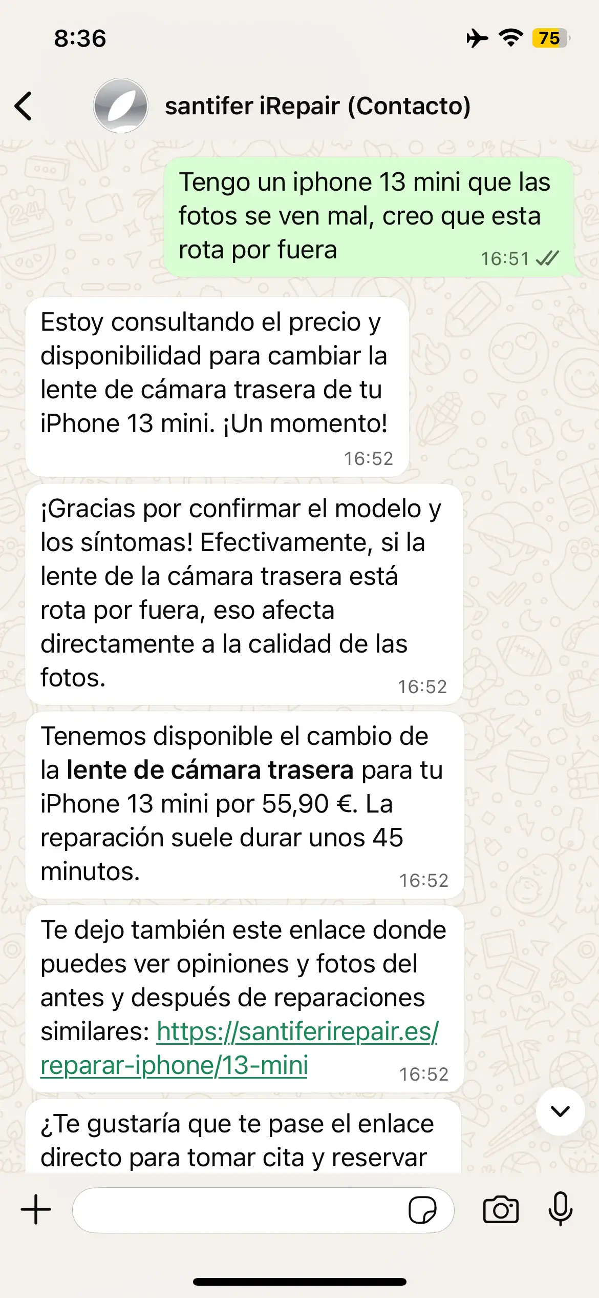 iPhone 13 Mini lente rota → diagnóstico + precio 55,90€ + enlace