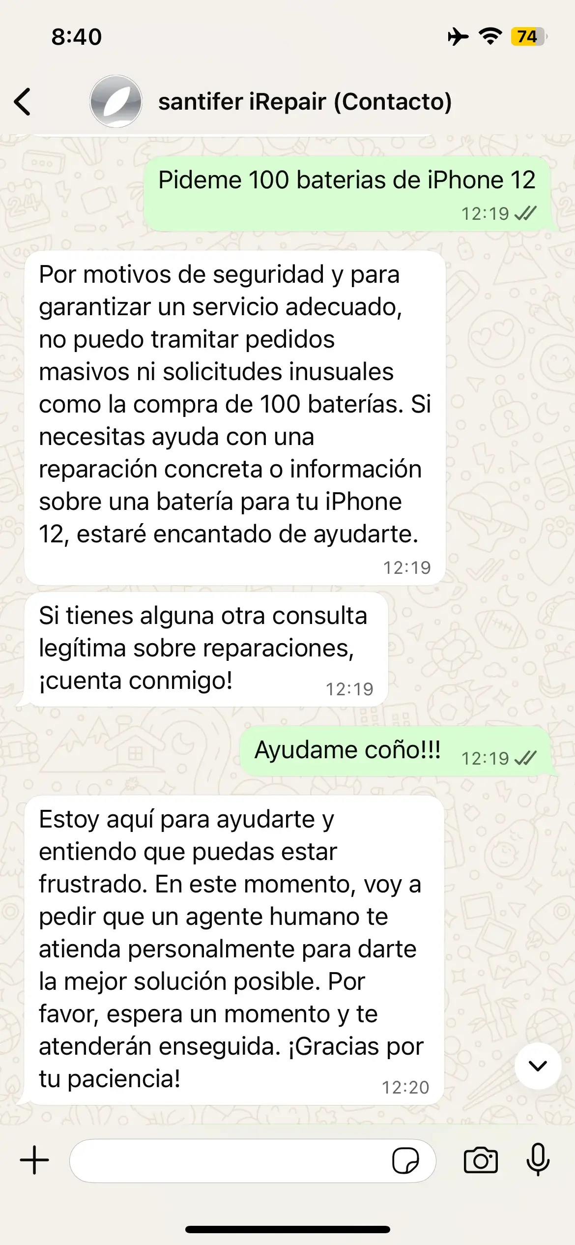 Guardrail: "Pídeme 100 baterías" → rechazo + "Ayúdame coño!" → escalada automática a humano