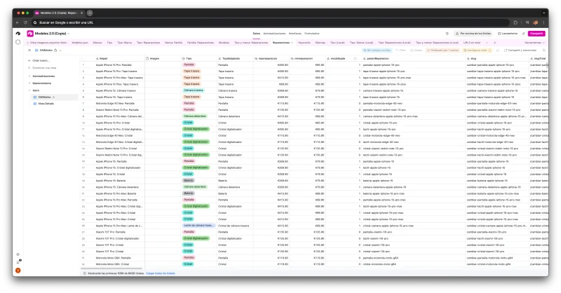 Campos de una reparación en Airtable
