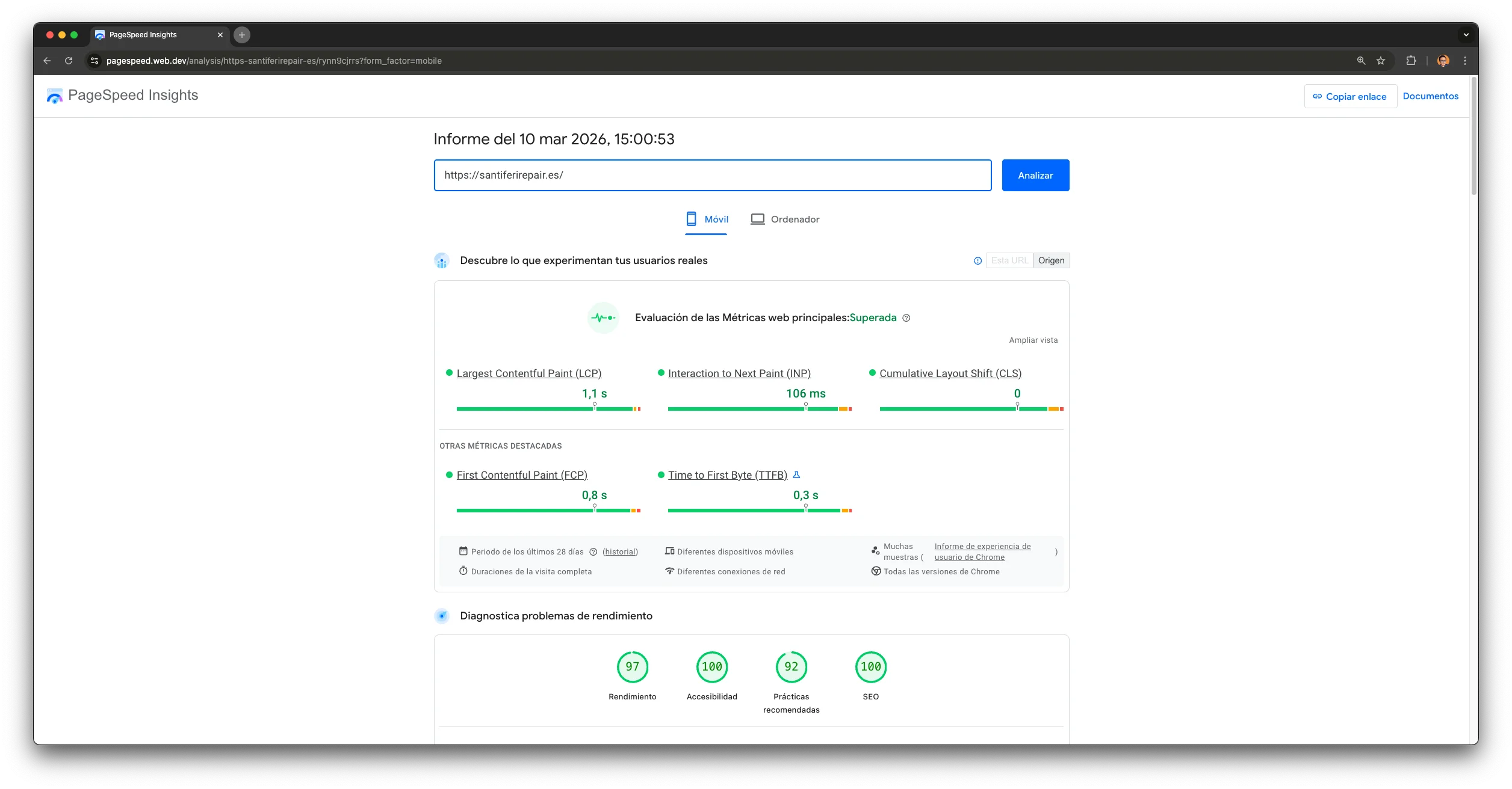 PageSpeed Insights: Lighthouse 97 en móvil, Accesibilidad 100, SEO 100. Core Web Vitals: Superada