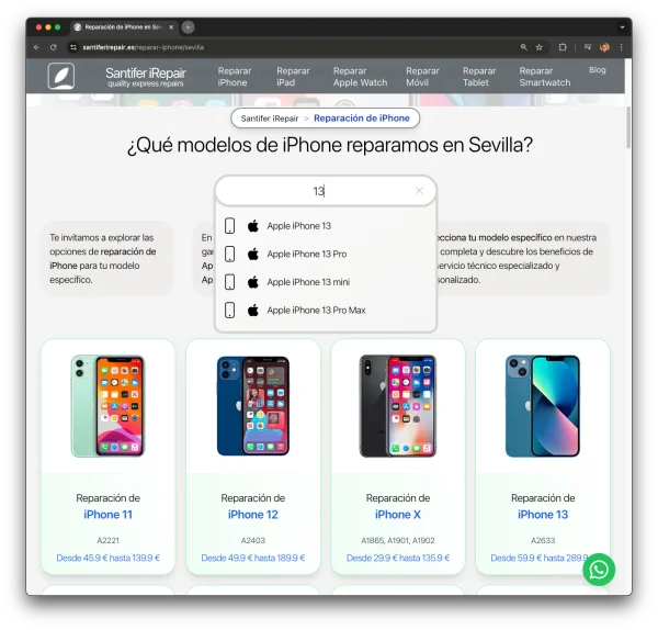 Buscador en página iPhone: "13" solo muestra modelos iPhone