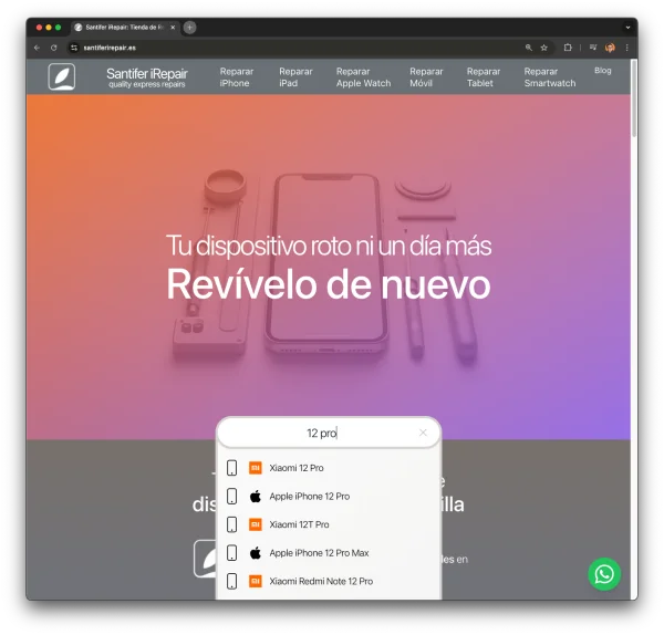 Buscador en homepage: "12 pro" muestra resultados de todas las marcas