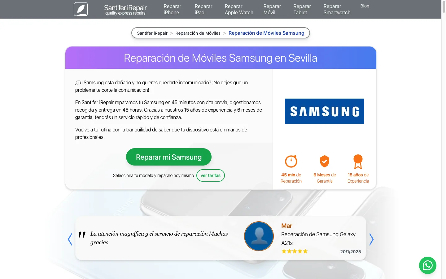 Página de categoría Samsung en santiferirepair.es